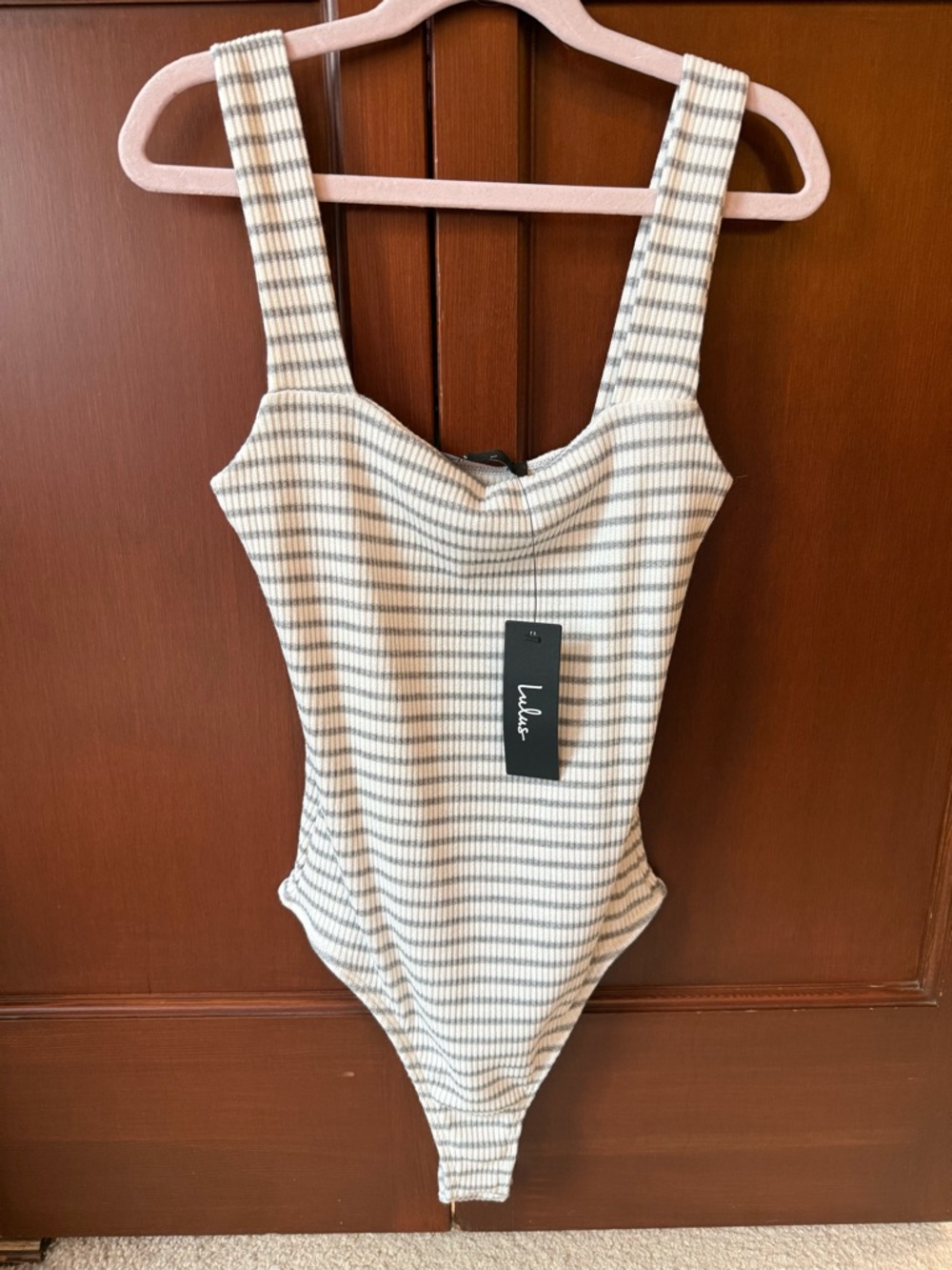 Lulu's Cream and Gray Ribbed Square Neck Bodysuit